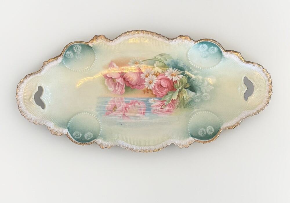 RS Prussia Daisies Pink Poppies Reflection Turquoise Gold Celery Dish 12.5”